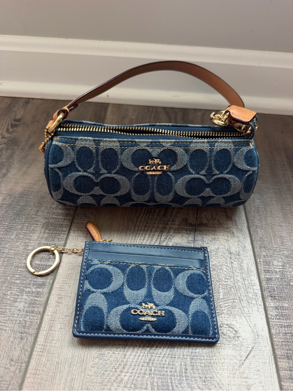 Coach Blue Denim Signature Mini Barrel Bag with Card Case